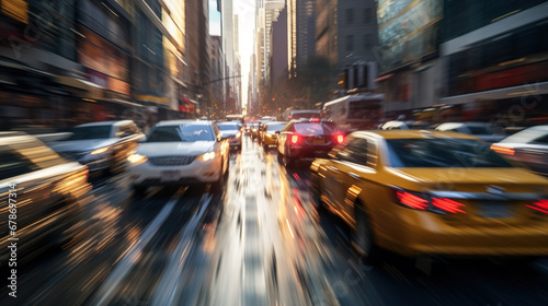 Cars in movement with motion blur. A crowded street scene in downtown Manhattan