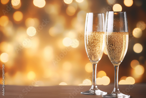 Christmas and New Year holidays bokeh background with copy space. Toasting with champagne glasses against holiday lights. winter season