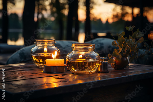 Burning candles on a table indoors.Twilight and relax. AI