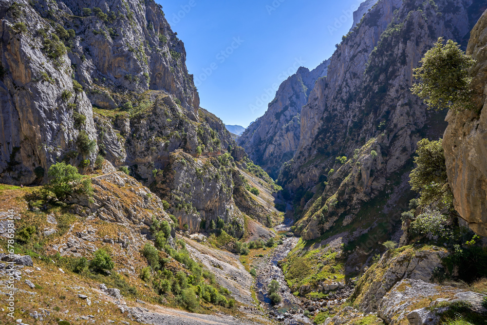Cares route located between the province of León and Asturias, in the Picos de Europa national park. In Asturias, Spain. Cares route located between the province of León and Asturias, in the Picos de Europa national park. In Asturias, Spain.