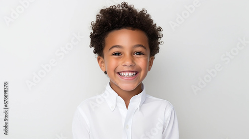 portrait of a cute smiling african american boy wearing a shirt. emotional portrait. on a white background