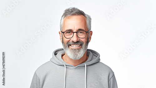 Portrait of bearded middle-aged man wearing glasses looking on camera isolated on white background.  © BlazingDesigns