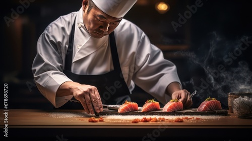 A chef is cooking and preparing a fresh sushi dish on a wooden tray