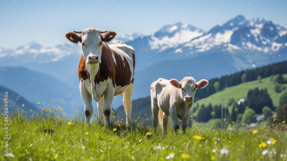 Brown and white cow stands relaxed with her calf in the grass on the meadow in the Alps. Brown and white cow stands relaxed with her calf in the grass on the meadow in the Alps.