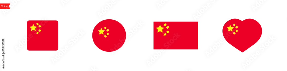 National flag of China icons. China flag in the shape of a square, circle, heart. Website language choice symbols. Vector UI flag design