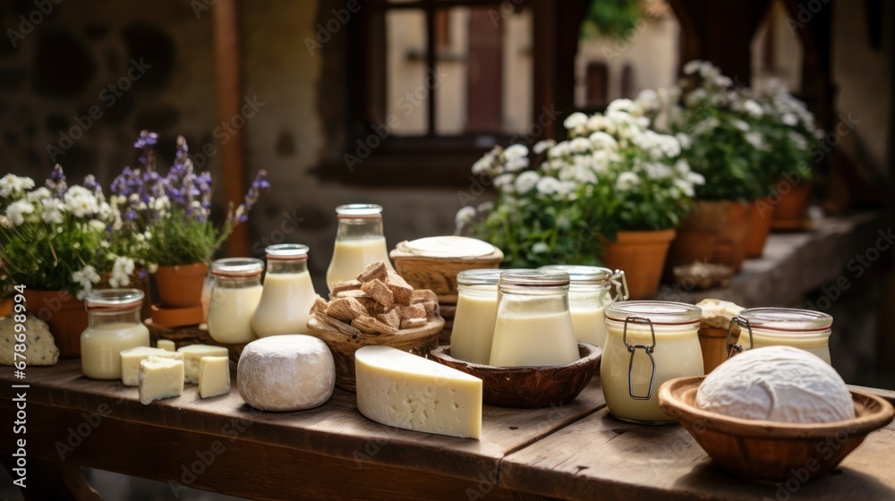 Fototapeta premium Rustic selection of dairy products on wooden table in front of an old farmhouse, organic food concept.