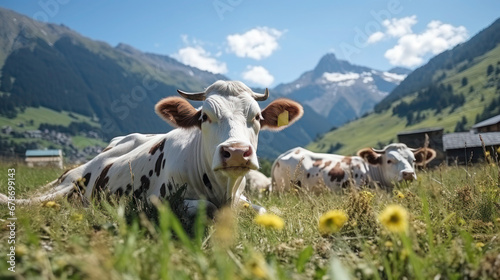 Relaxed cow lies on alpine meadow, chews grass, snow-capped mountains in the background.