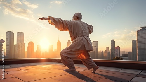 old Chinese man practice tai chi on the roof of building at sunrise morning 
