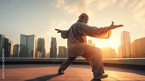 Senior Chinese man practice tai chi on the roof of building at sunrise morning photo