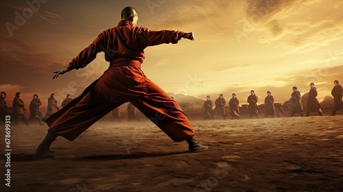 Kung fu master in a desert. Martial arts concept