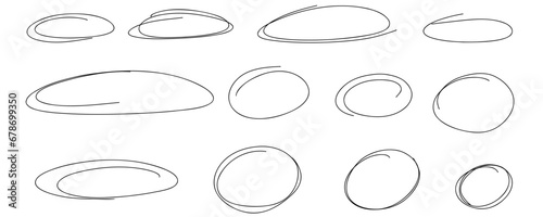 Highlight hand drawn oval frames, lines. Hand drawn marker underlines scribble doodle circle set. Ovals and ellipses line template. Vector illustration isolated on white background. photo