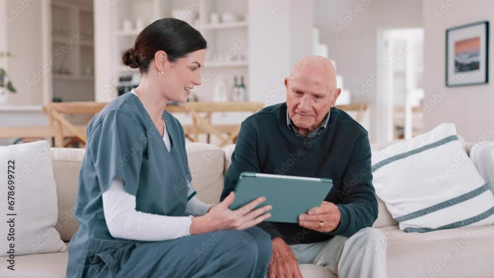 Senior man, home nurse and tablet for healthcare results, talking of insurance and planning medical care on sofa. Retirement help, ADN worker or caregiver with elderly patient on digital technology