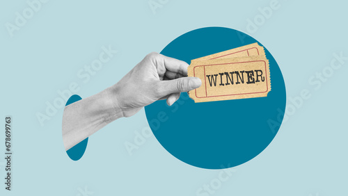 Obraz na płótnie Collage with the hand with winning ticket
