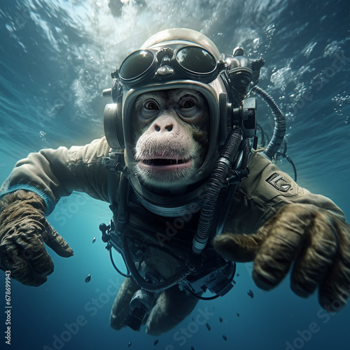 monkey scuba diving in the deep ocean ultrarealistic created with Generative Ai