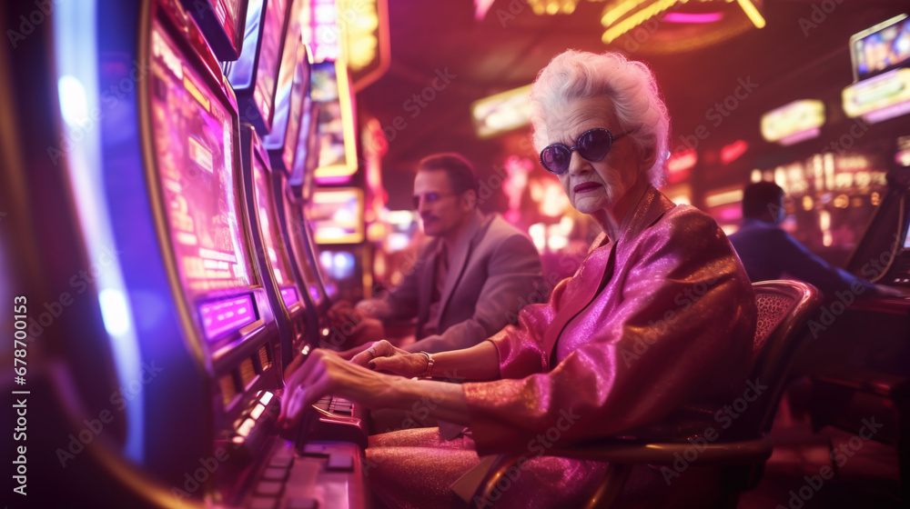 Old woman gambling in casino playing at slot machines
