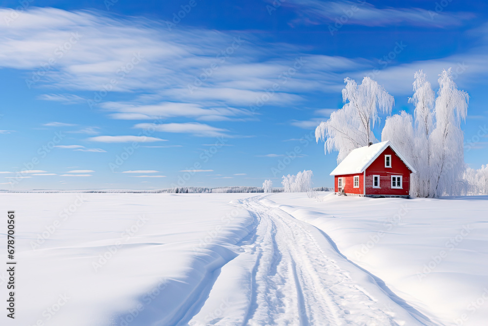 red little house in snowy winter landscape red little house in snowy winter landscape