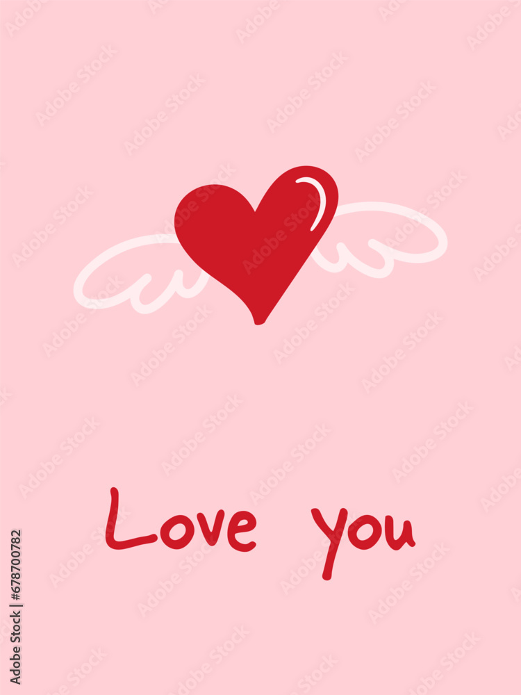 Love you. Valentine's day greeting card. Hand drawn heart with wings.