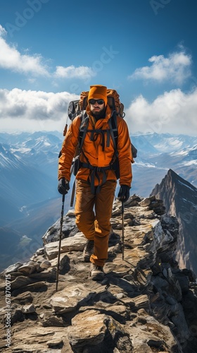 A traveler in a yellow and black jacket stands on a rocky ledge with a backpack, a breathtaking landscape of forests and rivers. The mountains recede into the distance under a partly cloudy sky.