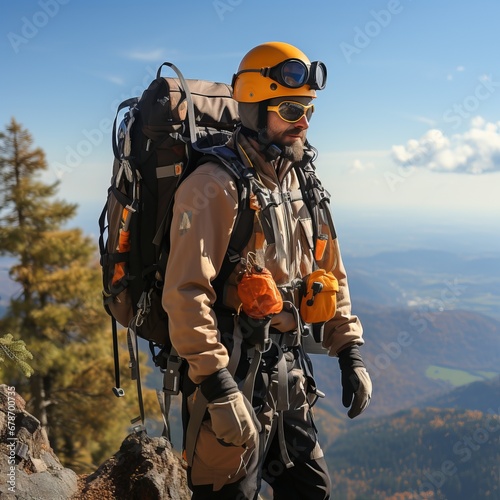A climber in equipment stands on a rocky ledge with a backpack. Landscape of forest and mountains. Banner with place for text. Concept: adventure, mountaineering and dangerous tourism