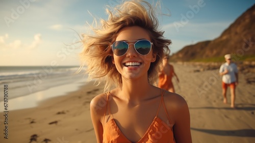 Happy young woman wear sunglasses walking on the beach on windy day.