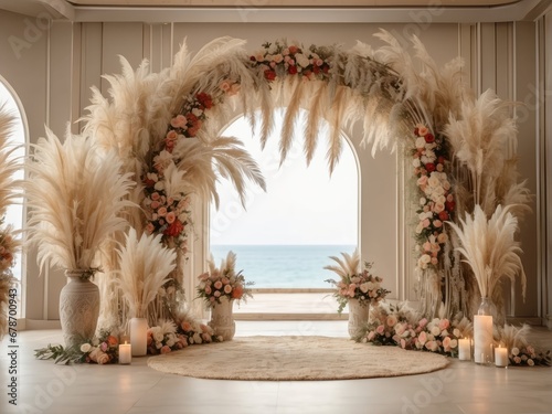 Boho wedding arch with pampas and flowers inside a beige room, wedding digital backdrop, floral arch, 