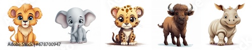 Big 5 animals in Africa. Cute cartoon of leopard, buffalo, elephant, lion and rhino. Generative AI Image. photo