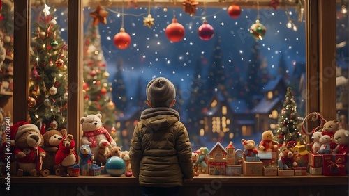 The child is standing in front of the store and looking in the window for Christmas