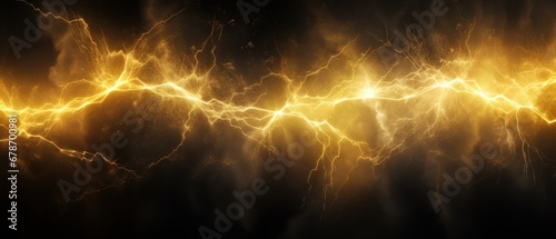 Yellow Lightning strike on the dark cloudy sky landscape. AI generated image photo