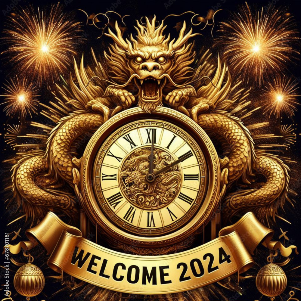 Obraz premium 2024 dragon year background with golden ornament