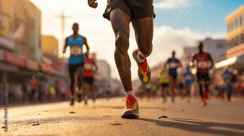 Close up a feet and knees marathon African runner.
