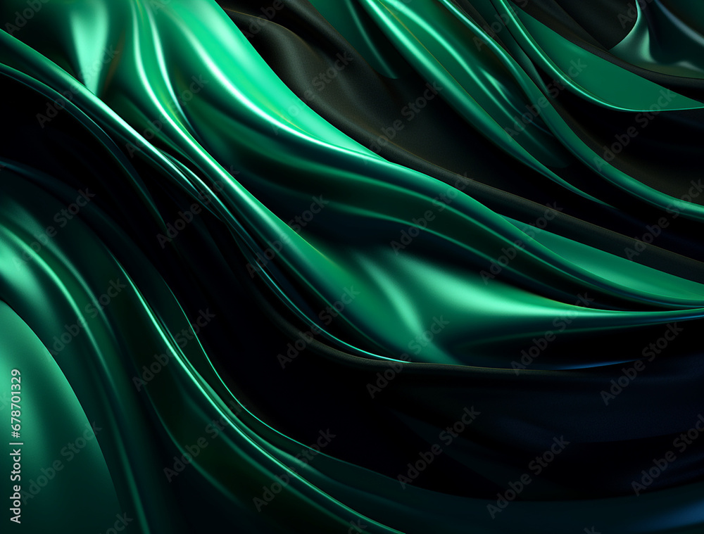 Obraz premium a dark background with green and black swirls, in the style of made of liquid metal, flowing draperies, soft edges and blurred details created with Generative Ai