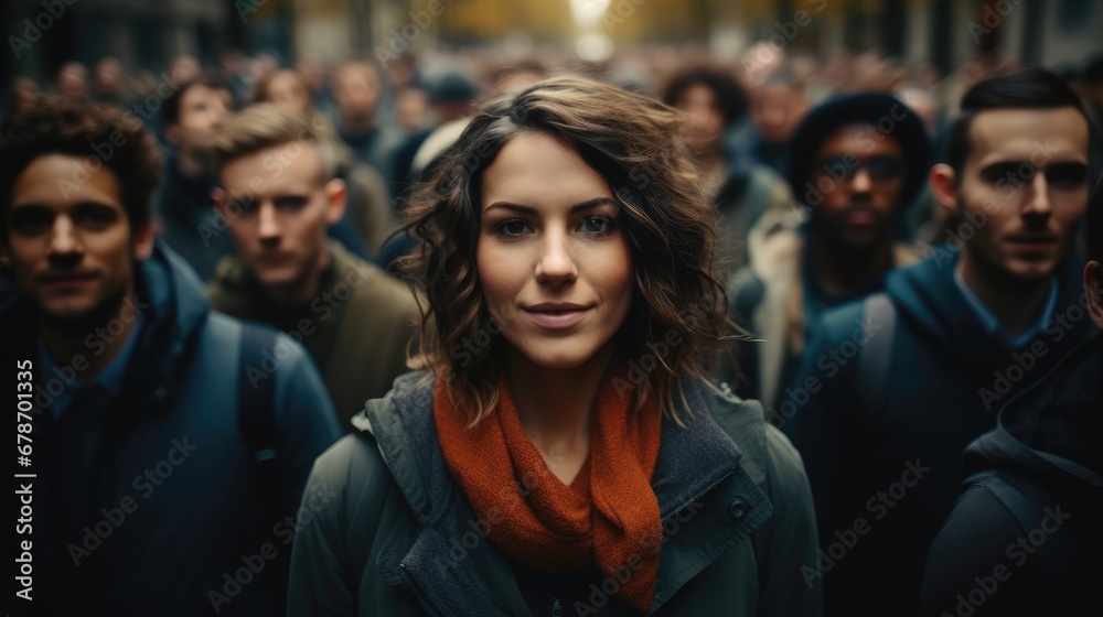 Crowd of people standing in city street with focus on woman.