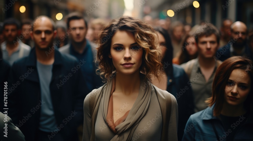 Crowd of people standing in city street with focus on woman. Crowd of people standing in city street with focus on woman.