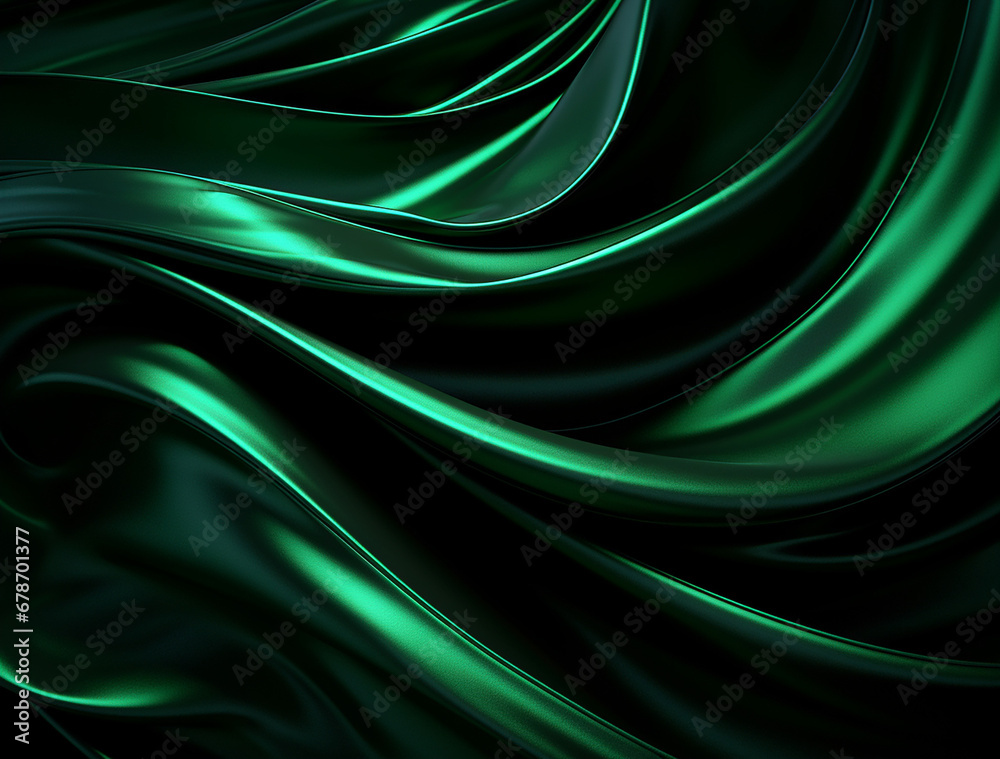 Fototapeta premium a dark background with green and black swirls, in the style of made of liquid metal, flowing draperies, soft edges and blurred details created with Generative Ai