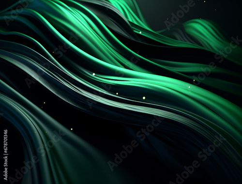 a dark background with green and black swirls, in the style of made of liquid metal, flowing draperies, soft edges and blurred details created with Generative Ai