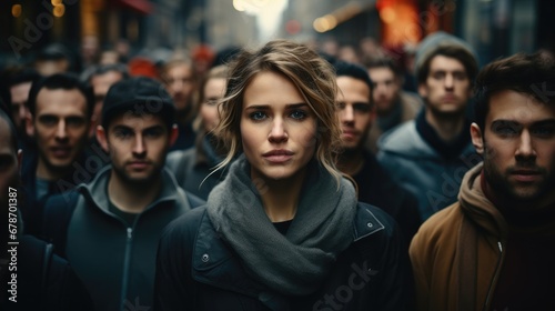 Crowd of people standing in city street with focus on woman.