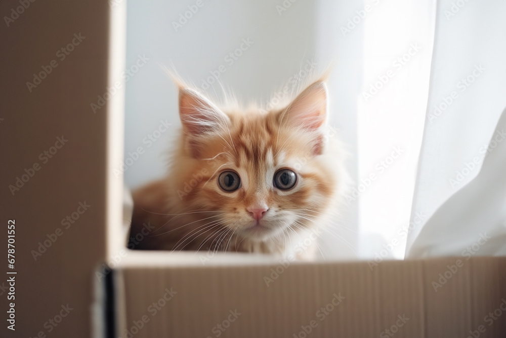 Pet adoption, small red kitten in a new home sits inside a craft box, sunny daylight. Generative AI
