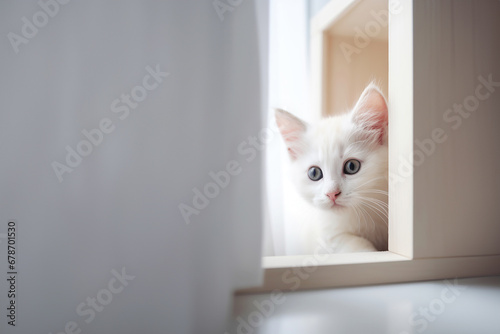 White kitten peering out from behind a white box near under the sheets. Generative AI