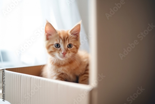 Pet adoption, cat in a new home sits inside a craft box, sunny daylight near window. Generative AI