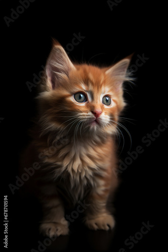 Red fluffy kitten with green eyes sitting on the black background. Generative AI