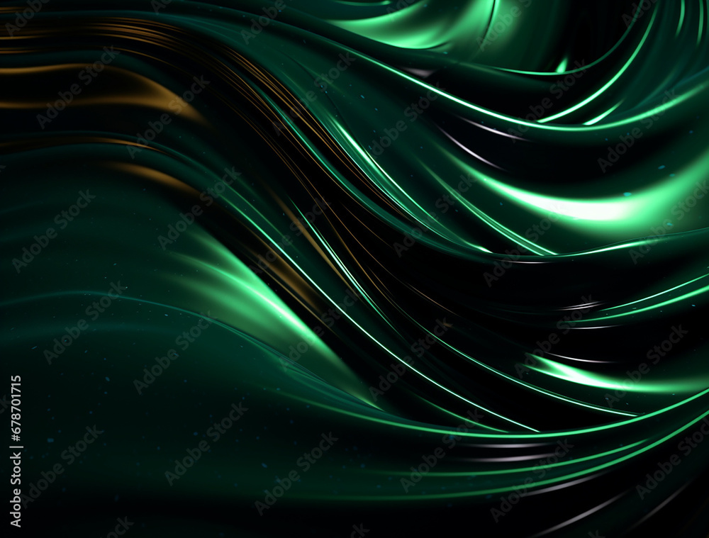 Fototapeta premium a dark background with green and black swirls, in the style of made of liquid metal, flowing draperies, soft edges and blurred details created with Generative Ai