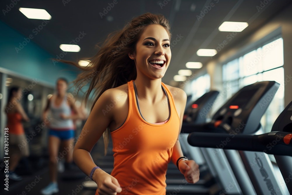 Active young woman jogging on a treadmill in the gym. Fitness, healthy lifestyle, and exercise. 'generative AI' Active young woman jogging on a treadmill in the gym. Fitness, healthy lifestyle, and exercise. 'generative AI'