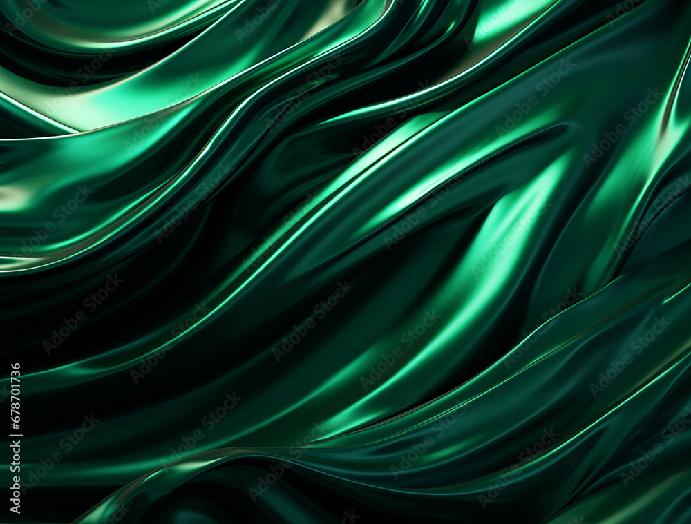 Fototapeta premium a dark background with green and black swirls, in the style of made of liquid metal, flowing draperies, soft edges and blurred details created with Generative Ai