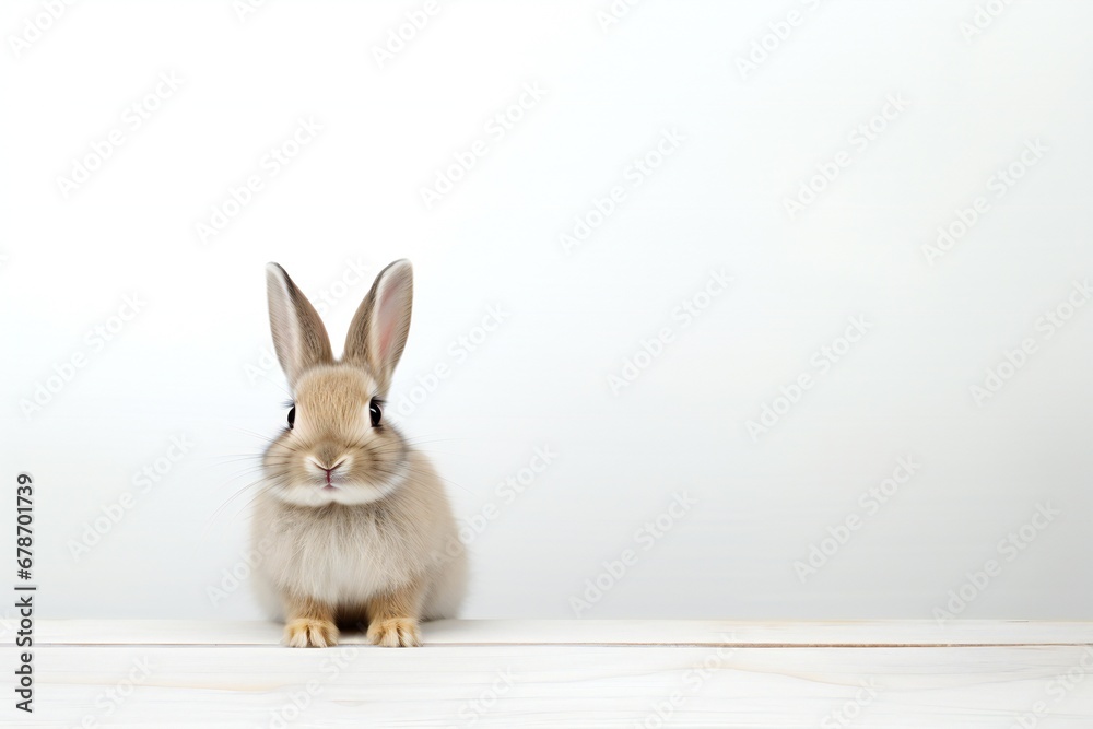 Obraz premium gray fluffy rabbit looking on camera. Isolated on white background. Easter bunny. empty space