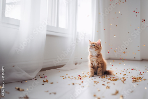 The adorable red cat with gold confetti at the Xmas party on the white floor. Generative AI photo
