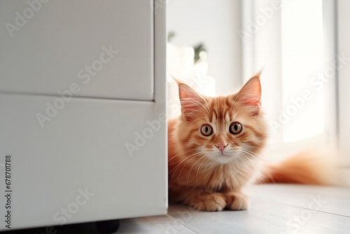 Pet adoption, red kitten in a new home sits on the floor with empty space. Generative AI