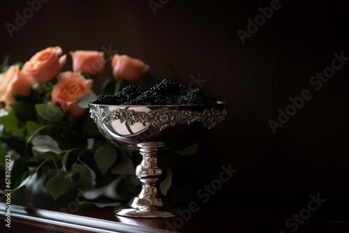 The vintage silver bowl with appetizing black caviar on dark background. Generative AI