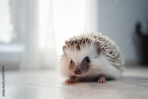 Domesticated beautiful cute prickly hedgehog with spikes on a white floor. Generative AI