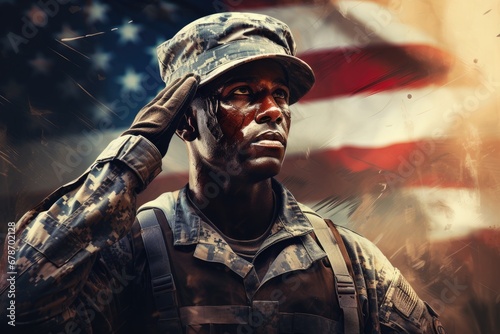 Black American military soldier salute, USA flag in the background, generative AI. photo