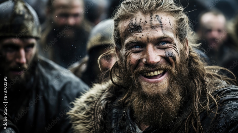 Long-haired bearded Viking warrior smiling after the battle. Generative ai. Long-haired bearded Viking warrior smiling after the battle. Generative ai.